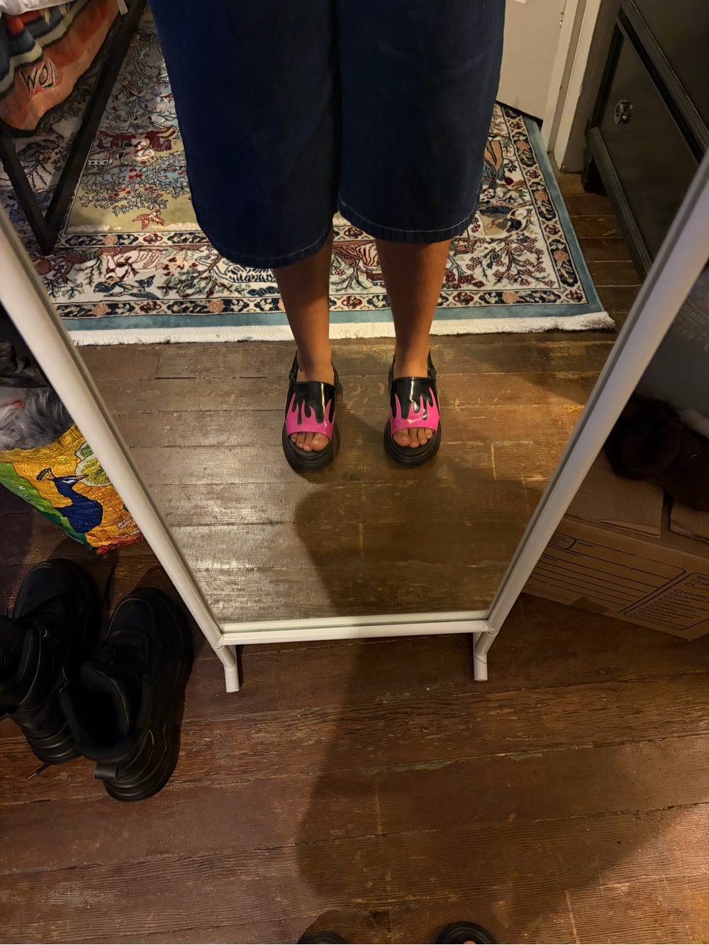 Women’s Black and Pink Flame Slide Sandals